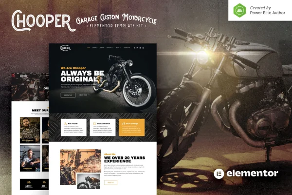 Chooper custom motorcycle garage Elementor template kit preview