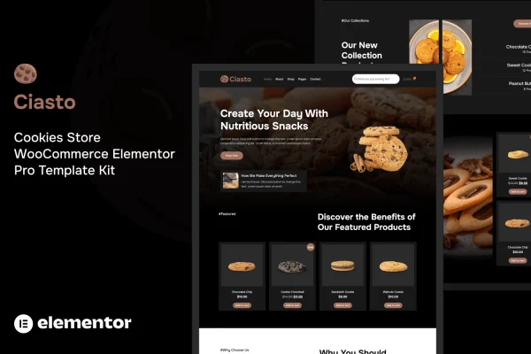 Ciasto cookie store Elementor template kit preview showing homepage and product layouts