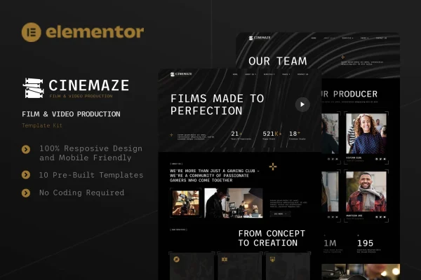 Cinemaze film and video production Elementor template kit cover