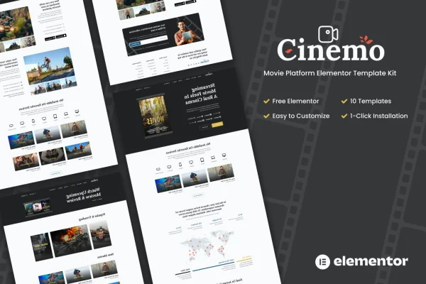Cinemo movie streaming Elementor template kit preview showing homepage and movie pages
