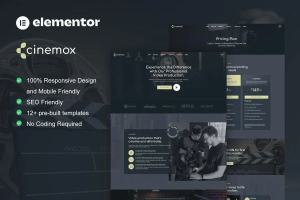 Cinemox video production company Elementor template kit preview