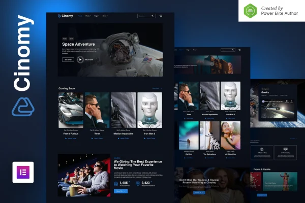 Cinomy movie and streaming Elementor template kit preview with dark design