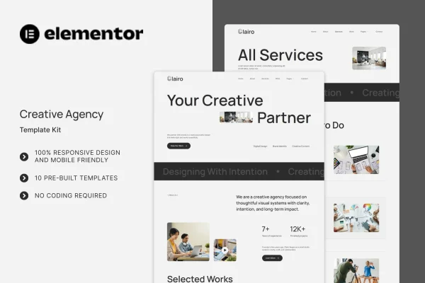 Clairo creative agency Elementor template kit cover showing page layouts