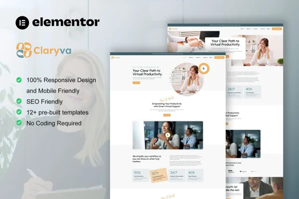 Claryva virtual assistant Elementor template kit preview