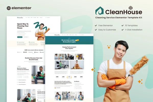 CleanHouse cleaning service Elementor template kit page previews