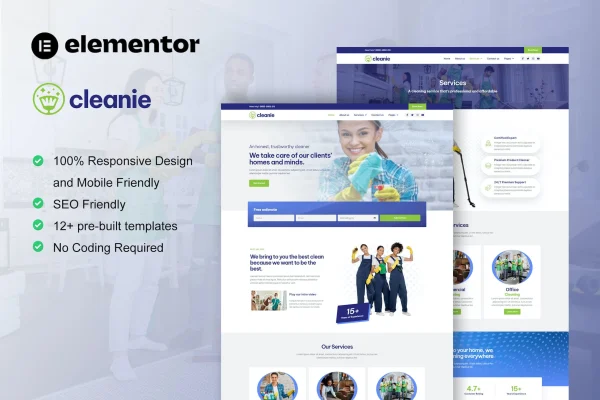 Cleanie cleaning service company Elementor template kit preview