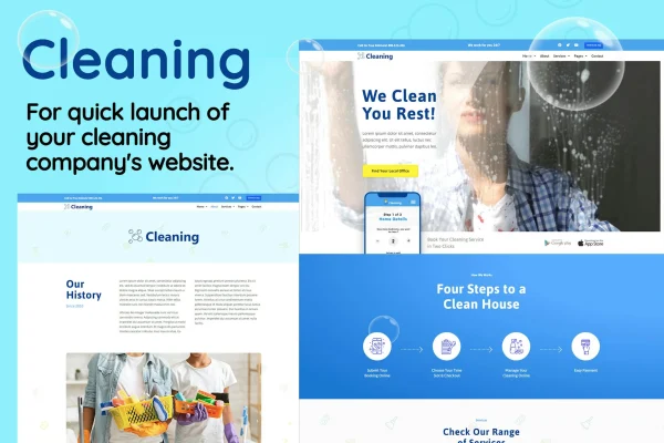 Cleaning Elementor template kit preview showing cleaning service website pages