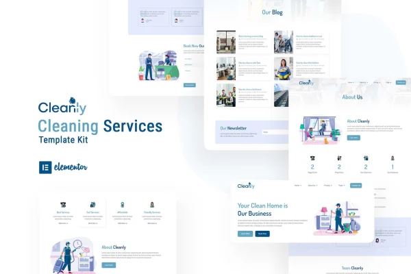 Cleanly cleaning service Elementor template kit page previews