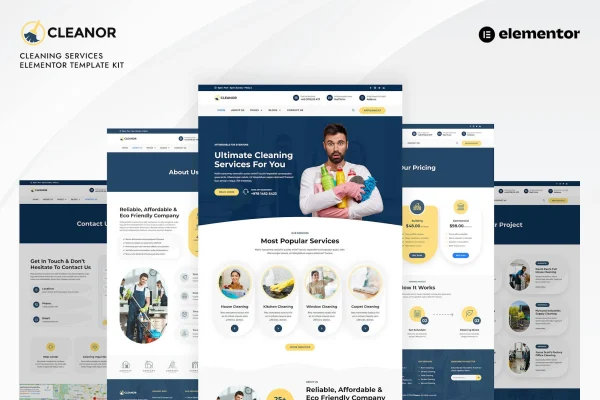 Cleanor cleaning services Elementor Pro template kit preview