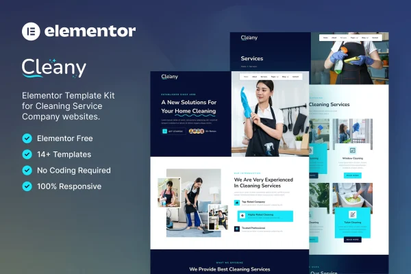 Cleany cleaning service company Elementor template kit cover image