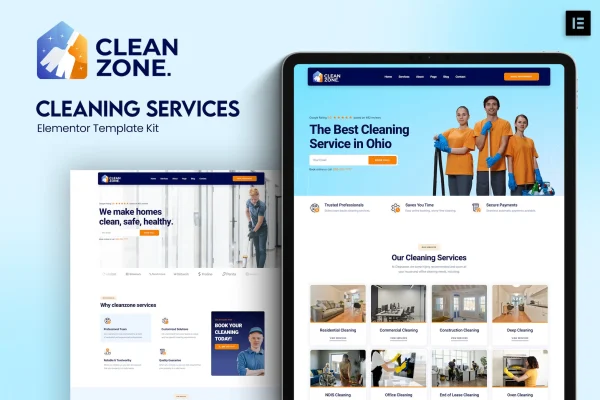 Cleanzone cleaning services Elementor template kit page previews