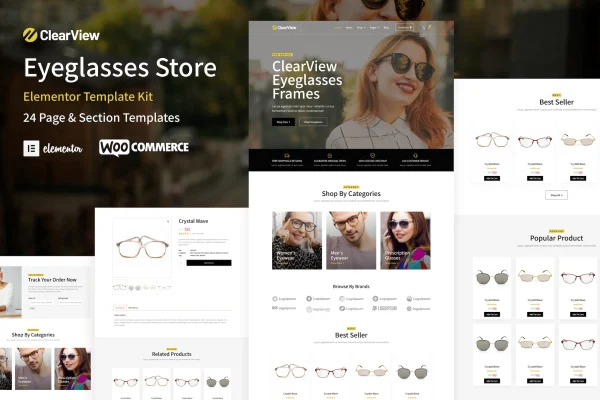 ClearView eyewear store Elementor template kit preview with eyeglasses product layouts