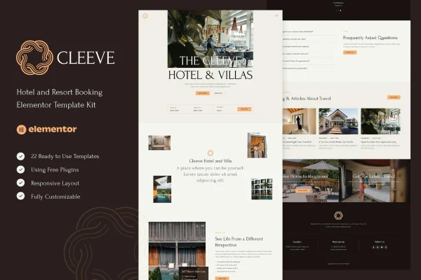 Cleeve hotel and resort Elementor template kit preview