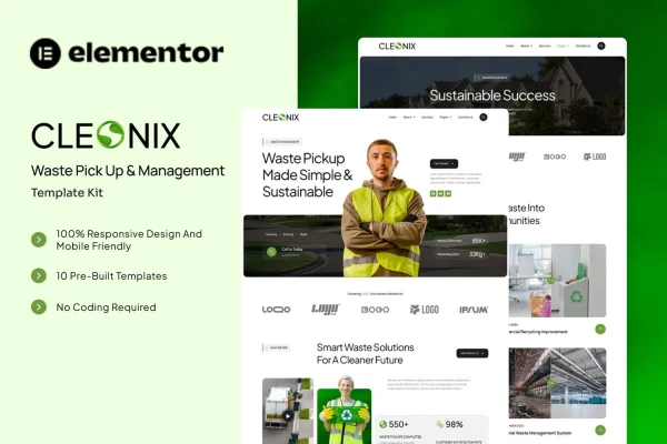 Cleonix waste pick up and management Elementor template kit preview