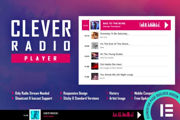 Clever HTML5 radio player Elementor widget showing now playing song, artist photo and history