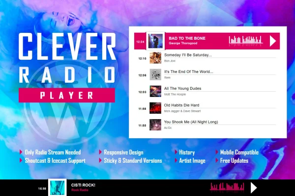CLEVER HTML5 radio player plugin banner showing a player with song history
