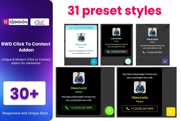 Click To Contact Addon For Elementor plugin banner with contact button designs