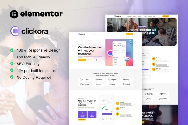 Clickora digital marketing agency Elementor template kit preview