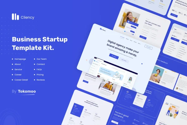 Clientcy business and startup Elementor template kit page previews