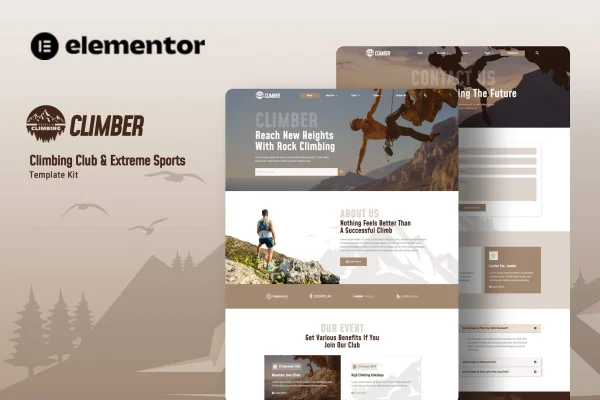 Climber climbing club and extreme sports Elementor template kit preview