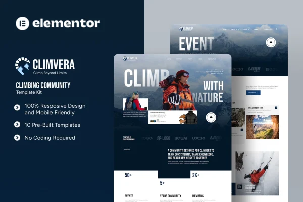 Climvera climbing community Elementor template kit cover image