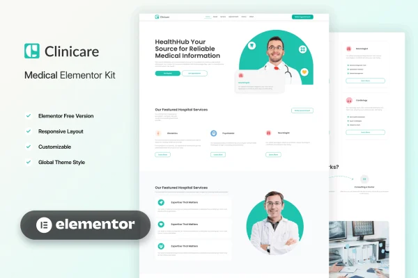 Clinicare Elementor template kit preview for health and medical websites