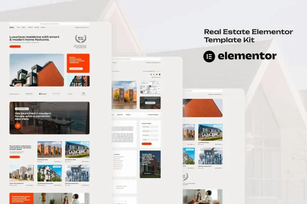 Cloe real estate Elementor template kit preview showing property listing pages
