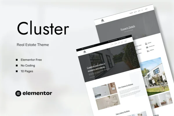 Cluster real estate Elementor template kit cover image