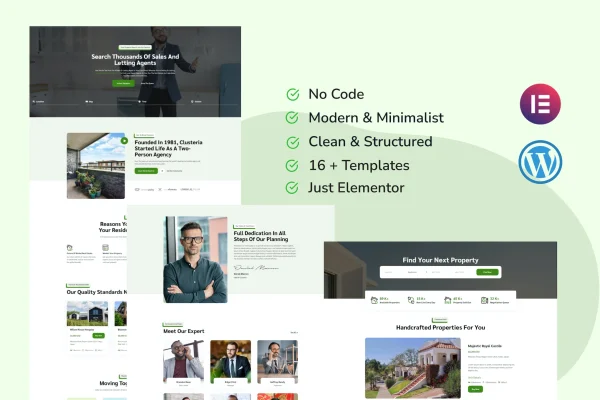 Clusteria real estate and property Elementor Pro template kit cover image
