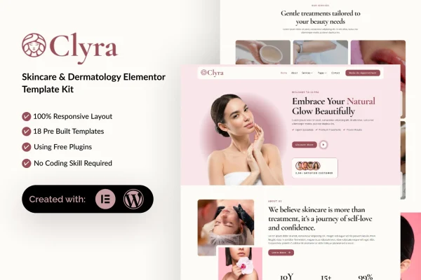 Clyra skincare and dermatology Elementor template kit cover