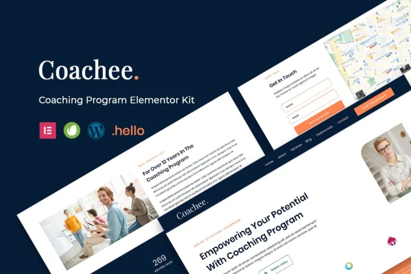 Coachee coaching program Elementor template kit preview with colorful page layouts