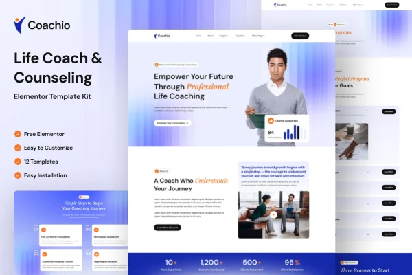 Coachio life coach and counseling Elementor template kit preview