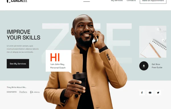 CoachZee WordPress coaching theme banner with appointment booking pages