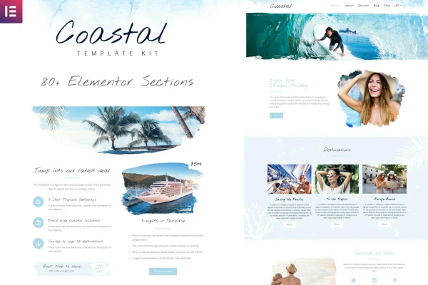 Coastal Travel and Surf Grunge Template Kit cover with blue tones and white grunge textures