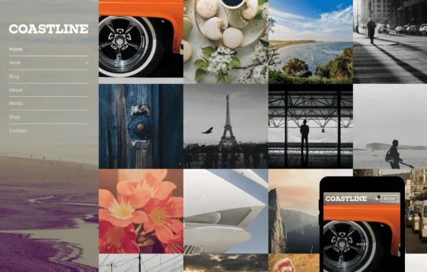 Coastline WordPress portfolio theme preview with vertical menu and portfolio grid