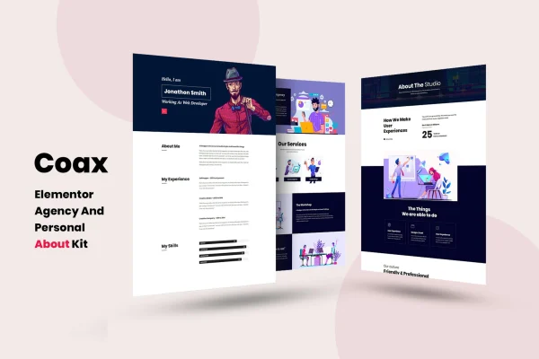 Coax Elementor template kit cover showing agency and personal About Us page layouts