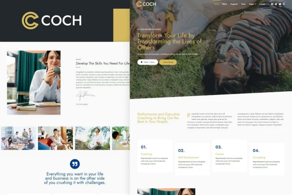 Coch business coach Elementor template kit cover showing website page layouts