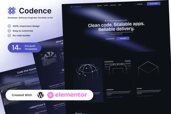 Codence developer portfolio Elementor template kit preview