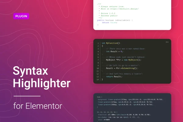 Coder for Elementor plugin banner showing a syntax highlighted code block
