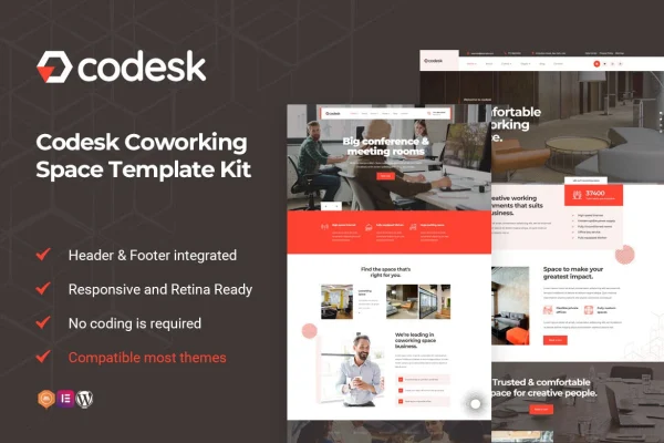 Codesk coworking space Elementor template kit preview showing website page layouts