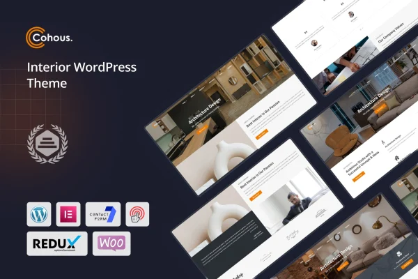 Cohous interior design WordPress theme preview with modern room layouts