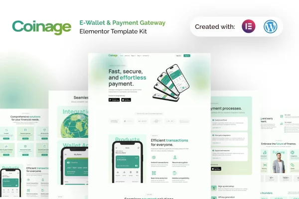 Coinage e-wallet and payment gateway Elementor Pro template kit preview