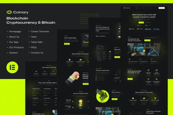 Coinary dark crypto Elementor template kit preview