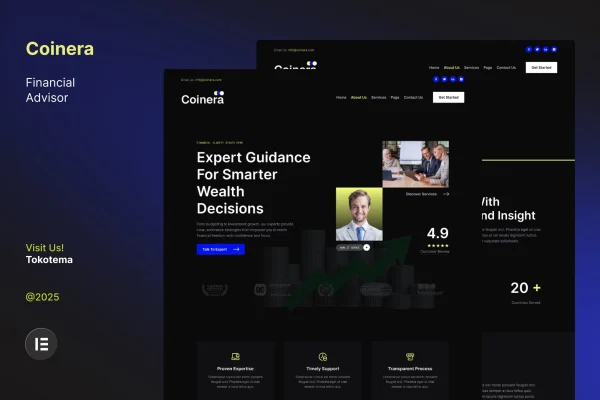 Coinera dark financial advisor Elementor template kit preview