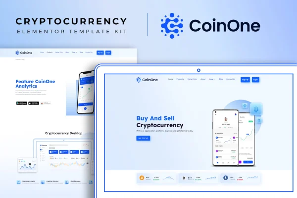 CoinOne cryptocurrency Elementor template kit page previews
