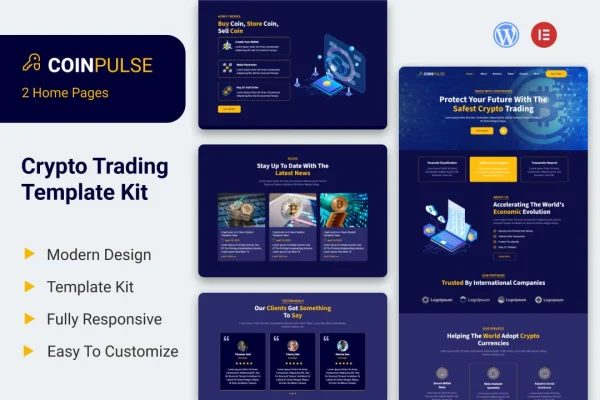 Coinpulse crypto and trading Elementor template kit preview