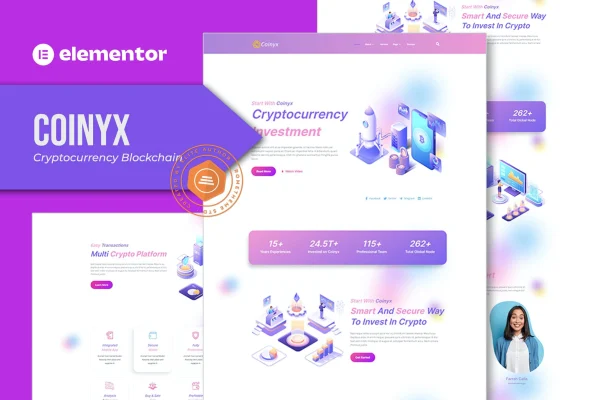 Coinyx cryptocurrency and blockchain Elementor template kit preview