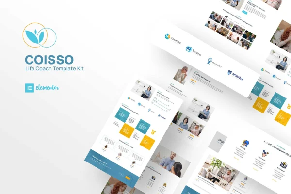 Coisso life coach Elementor template kit page previews