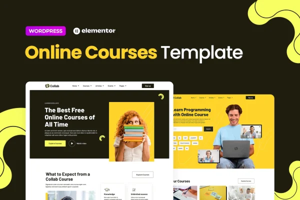 Collab online courses Elementor template kit preview showing course website page layouts