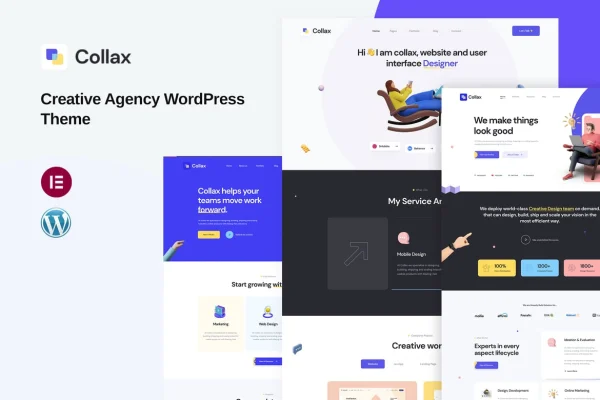 Collax Theme creative agency WordPress theme cover with homepage layout previews